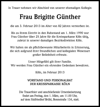 Anzeige von Brigitte Günther von Kölner Stadt-Anzeiger / Kölnische Rundschau / Express