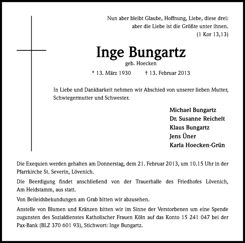  Traueranzeige für Inge Bungartz vom 16.02.2013 aus Kölner Stadt-Anzeiger / Kölnische Rundschau / Express