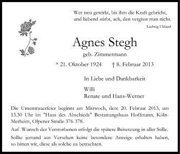 Anzeige von Agnes Stegh von Kölner Stadt-Anzeiger / Kölnische Rundschau / Express
