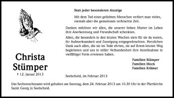 Anzeige von Christa Stümper von Kölner Stadt-Anzeiger / Kölnische Rundschau / Express