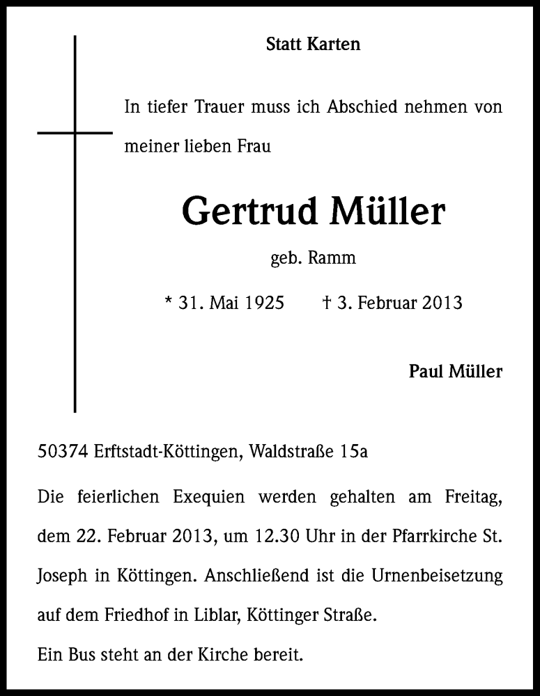  Traueranzeige für Gertrud Müller vom 20.02.2013 aus Kölner Stadt-Anzeiger / Kölnische Rundschau / Express