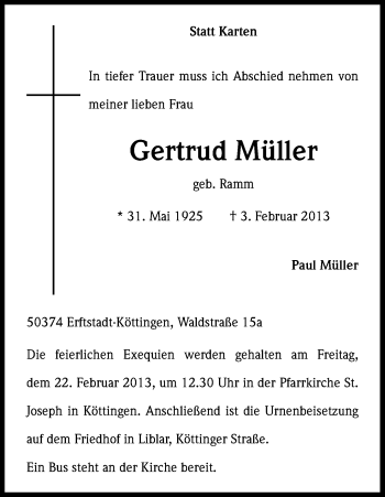 Anzeige von Gertrud Müller von Kölner Stadt-Anzeiger / Kölnische Rundschau / Express