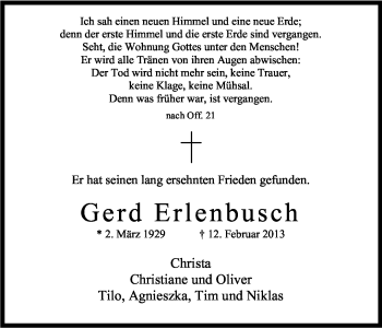 Anzeige von Gerd Erlenbusch von Kölner Stadt-Anzeiger / Kölnische Rundschau / Express