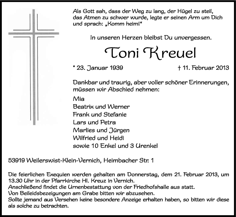  Traueranzeige für Toni Kreuel vom 16.02.2013 aus Kölner Stadt-Anzeiger / Kölnische Rundschau / Express