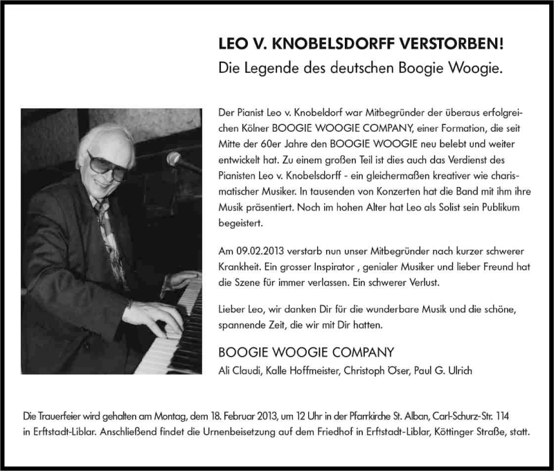  Traueranzeige für Leo von Knobelsdorff vom 16.02.2013 aus Kölner Stadt-Anzeiger / Kölnische Rundschau / Express