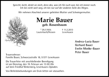 Anzeige von Marie Bauer von Kölner Stadt-Anzeiger / Kölnische Rundschau / Express