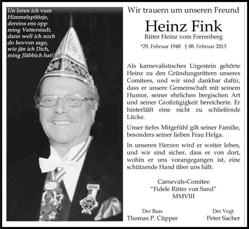  Traueranzeige für Heinz Fink vom 16.02.2013 aus Kölner Stadt-Anzeiger / Kölnische Rundschau / Express
