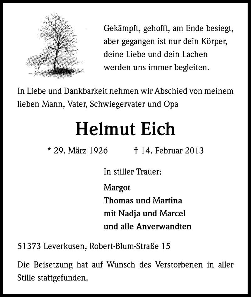  Traueranzeige für Helmut Eich vom 16.02.2013 aus Kölner Stadt-Anzeiger / Kölnische Rundschau / Express
