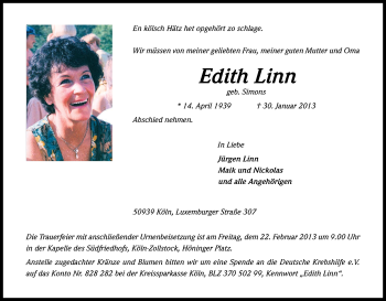 Anzeige von Edith Linn von Kölner Stadt-Anzeiger / Kölnische Rundschau / Express