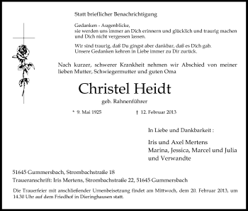 Anzeige von Christel Heidt von Kölner Stadt-Anzeiger / Kölnische Rundschau / Express