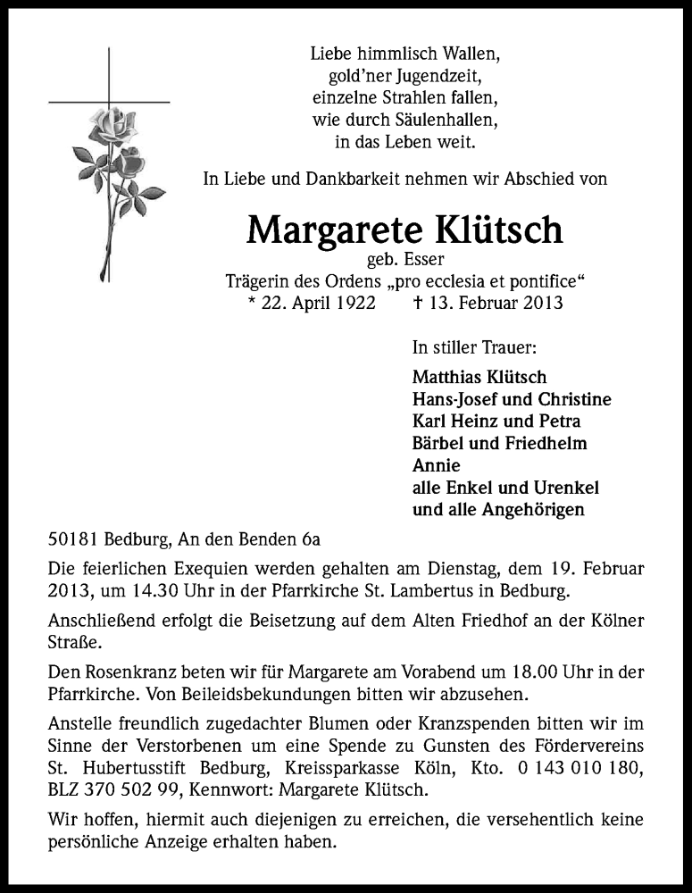  Traueranzeige für Margarete Klütsch vom 16.02.2013 aus Kölner Stadt-Anzeiger / Kölnische Rundschau / Express