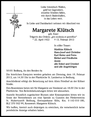 Anzeige von Margarete Klütsch von Kölner Stadt-Anzeiger / Kölnische Rundschau / Express