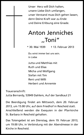 Anzeige von Anton Jenniches von Kölner Stadt-Anzeiger / Kölnische Rundschau / Express