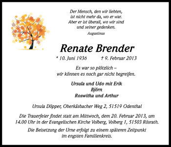 Anzeige von Renate Brender von Kölner Stadt-Anzeiger / Kölnische Rundschau / Express