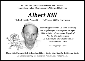 Anzeige von Albert Kill von Kölner Stadt-Anzeiger / Kölnische Rundschau / Express