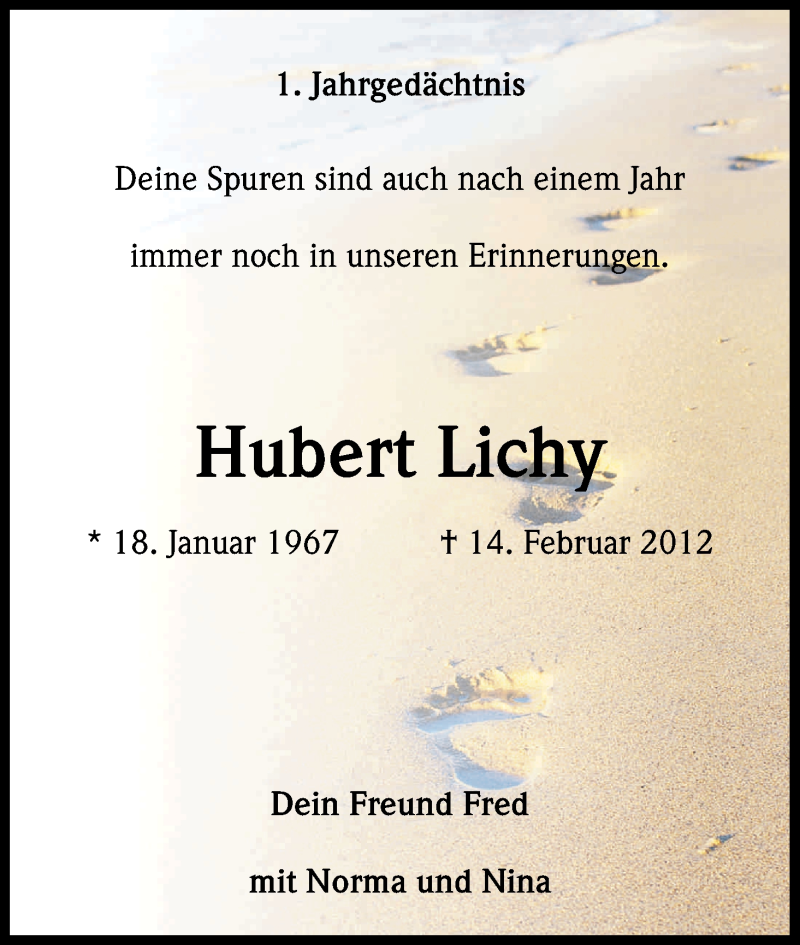  Traueranzeige für Hubert Lichy vom 16.02.2013 aus Kölner Stadt-Anzeiger / Kölnische Rundschau / Express