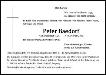 Anzeige von Peter Baedorf von Kölner Stadt-Anzeiger / Kölnische Rundschau / Express