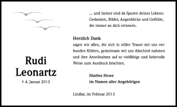 Anzeige von Rudi Leonartz von Kölner Stadt-Anzeiger / Kölnische Rundschau / Express