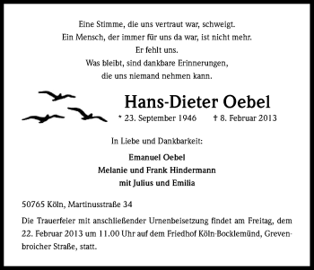 Anzeige von Hans-Dieter Oebel von Kölner Stadt-Anzeiger / Kölnische Rundschau / Express
