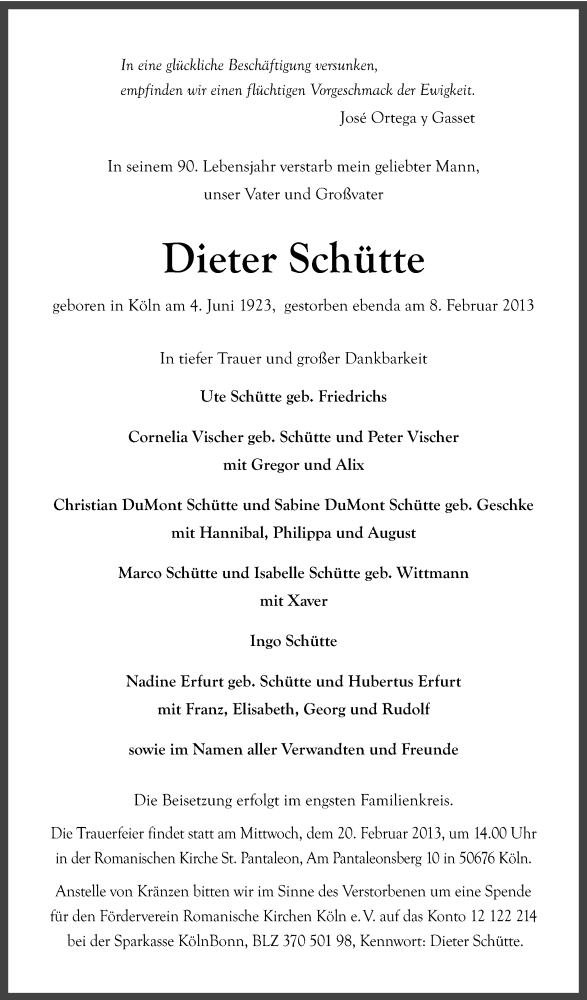  Traueranzeige für Dieter Schütte vom 16.02.2013 aus Kölner Stadt-Anzeiger / Kölnische Rundschau / Express
