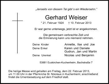 Anzeige von Gerhard Weiser von Kölner Stadt-Anzeiger / Kölnische Rundschau / Express