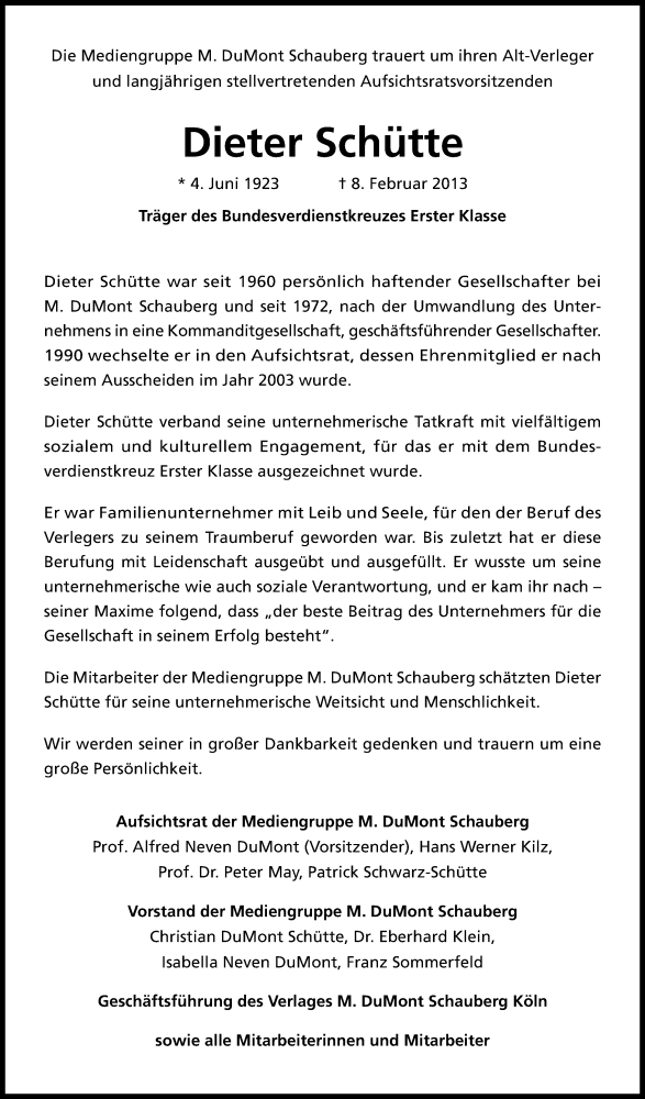  Traueranzeige für Dieter Schütte vom 16.02.2013 aus Kölner Stadt-Anzeiger / Kölnische Rundschau / Express
