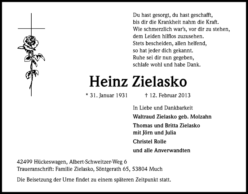  Traueranzeige für Heinz Zielasko vom 16.02.2013 aus Kölner Stadt-Anzeiger / Kölnische Rundschau / Express