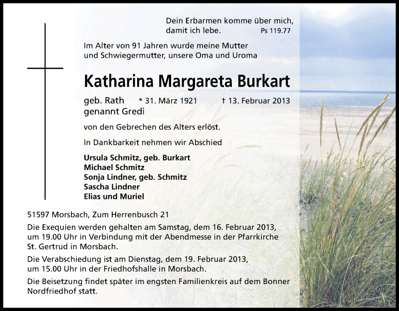  Traueranzeige für Katharina Margareta Burkart vom 16.02.2013 aus Kölner Stadt-Anzeiger / Kölnische Rundschau / Express
