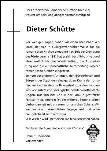Anzeige von Dieter Schütte von Kölner Stadt-Anzeiger / Kölnische Rundschau / Express