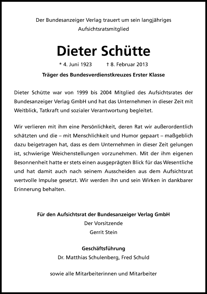  Traueranzeige für Dieter Schütte vom 16.02.2013 aus Kölner Stadt-Anzeiger / Kölnische Rundschau / Express