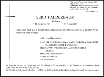 Anzeige von Gerd Falderbaum von Kölner Stadt-Anzeiger / Kölnische Rundschau / Express