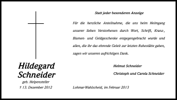 Anzeige von Hildegard Schneider von Kölner Stadt-Anzeiger / Kölnische Rundschau / Express