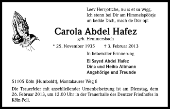 Anzeige von Carola Abdel Hafez von Kölner Stadt-Anzeiger / Kölnische Rundschau / Express