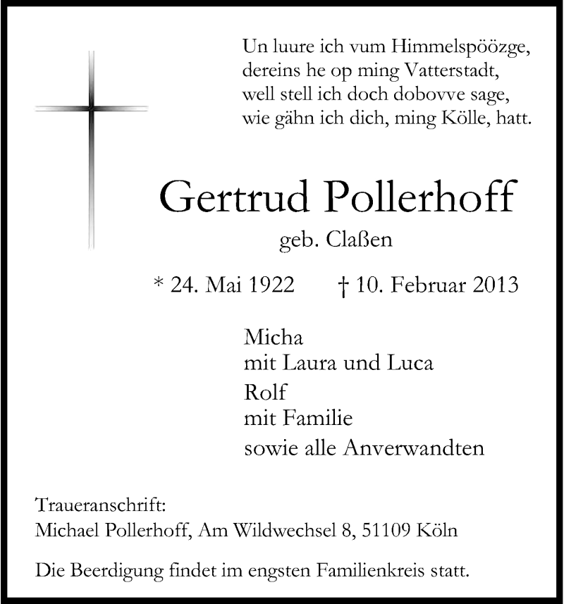  Traueranzeige für Gertrud Pollerhoff vom 23.02.2013 aus Kölner Stadt-Anzeiger / Kölnische Rundschau / Express