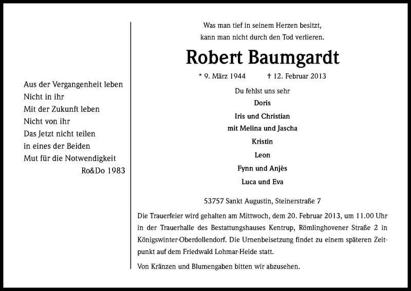  Traueranzeige für Robert Baumgardt vom 16.02.2013 aus Kölner Stadt-Anzeiger / Kölnische Rundschau / Express