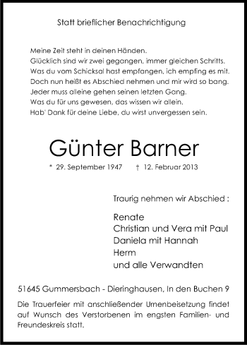 Anzeige von Günter Barner von Kölner Stadt-Anzeiger / Kölnische Rundschau / Express
