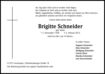 Anzeige von Brigitte Schneider von Kölner Stadt-Anzeiger / Kölnische Rundschau / Express