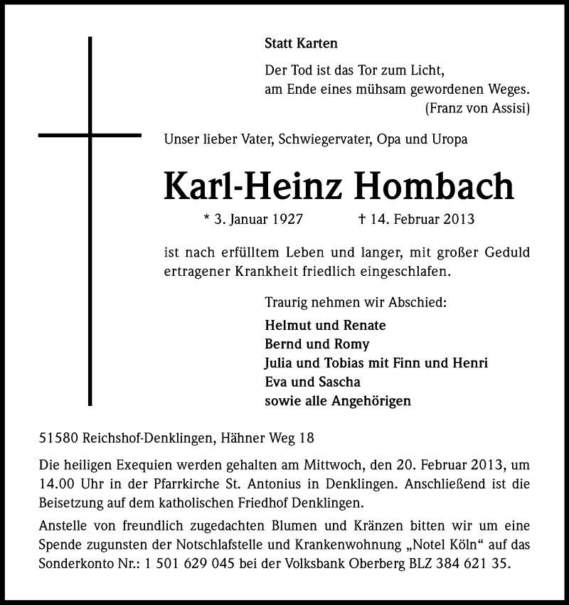  Traueranzeige für Karl-Heinz Hombach vom 16.02.2013 aus Kölner Stadt-Anzeiger / Kölnische Rundschau / Express