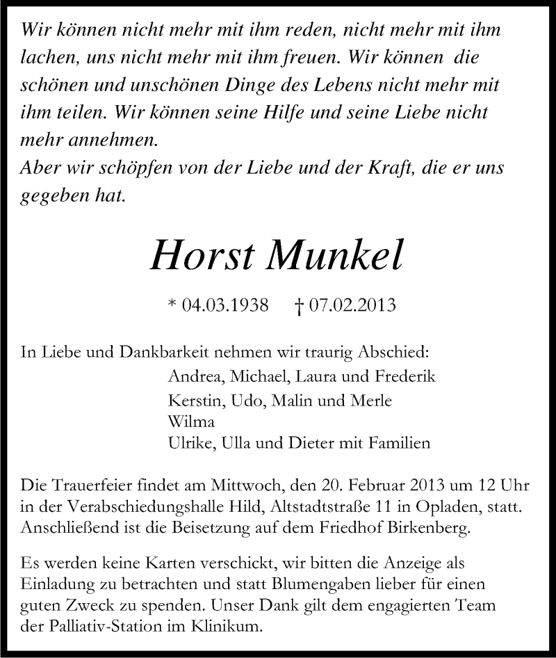  Traueranzeige für Horst Munkel vom 16.02.2013 aus Kölner Stadt-Anzeiger / Kölnische Rundschau / Express