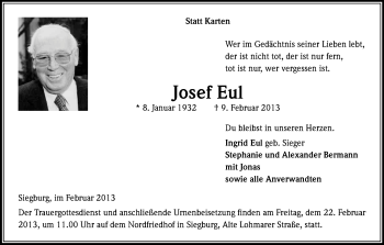 Anzeige von Josef Eul von Kölner Stadt-Anzeiger / Kölnische Rundschau / Express