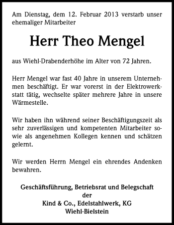 Anzeige von Theo Mengel von Kölner Stadt-Anzeiger / Kölnische Rundschau / Express