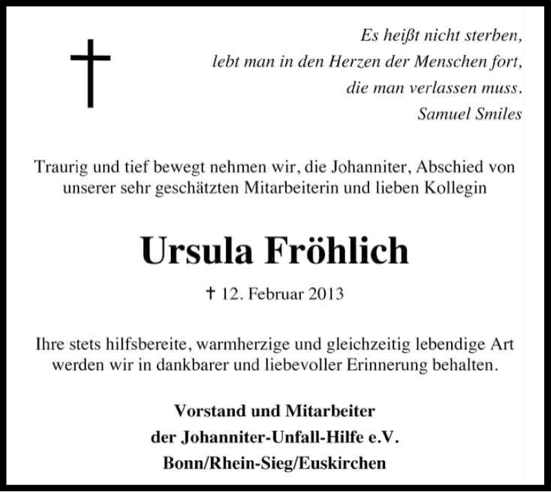  Traueranzeige für Ursula Fröhlich vom 16.02.2013 aus Kölner Stadt-Anzeiger / Kölnische Rundschau / Express