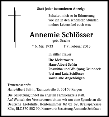 Anzeige von Annemie Schlösser von Kölner Stadt-Anzeiger / Kölnische Rundschau / Express