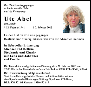 Anzeige von Ute Abel von Kölner Stadt-Anzeiger / Kölnische Rundschau / Express