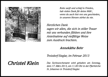 Anzeige von Christel Klein von Kölner Stadt-Anzeiger / Kölnische Rundschau / Express