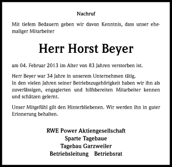 Anzeige von Horst Beyer von Kölner Stadt-Anzeiger / Kölnische Rundschau / Express