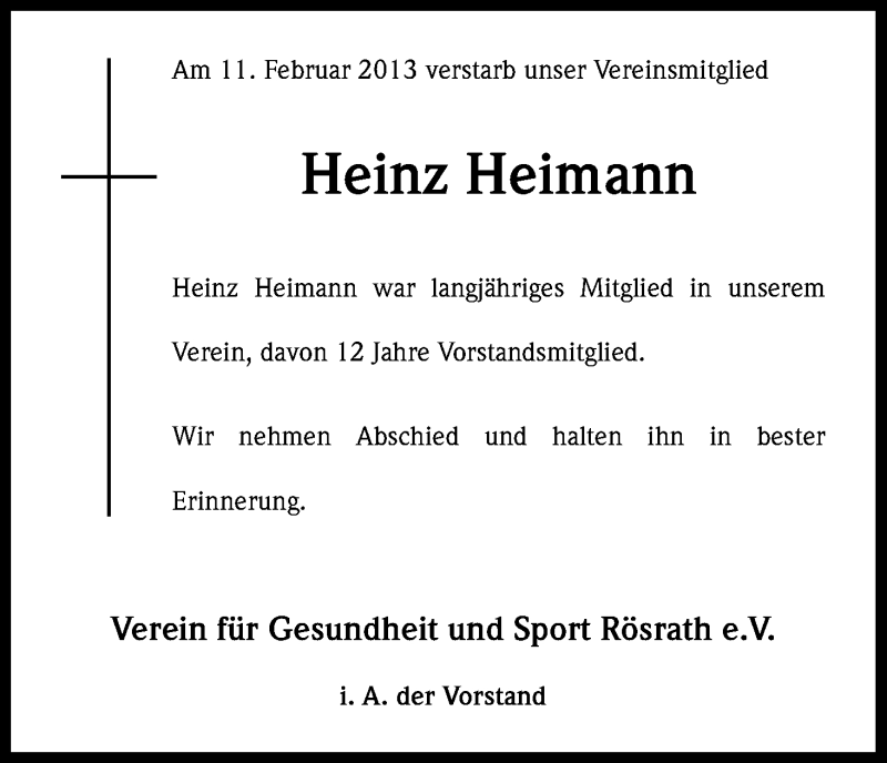  Traueranzeige für Heinz Heimann vom 18.02.2013 aus Kölner Stadt-Anzeiger / Kölnische Rundschau / Express