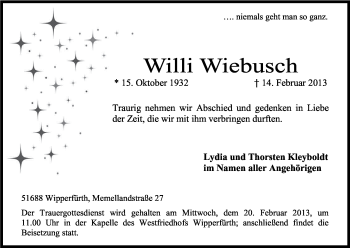 Anzeige von Willi Wiebusch von Kölner Stadt-Anzeiger / Kölnische Rundschau / Express
