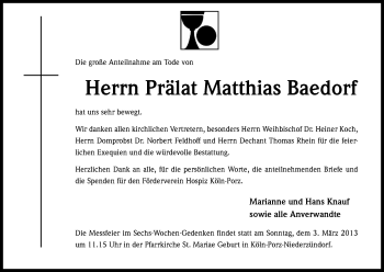 Anzeige von Matthias Baedorf von Kölner Stadt-Anzeiger / Kölnische Rundschau / Express
