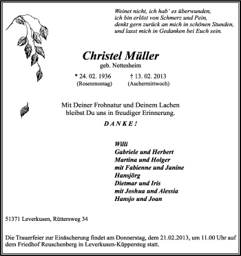Anzeige von Christel Müller von Kölner Stadt-Anzeiger / Kölnische Rundschau / Express